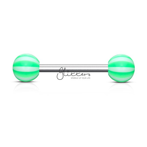 Green Candy Stripe Acrylic Ball with Surgical Steel Tongue Bar-Body Piercing Jewellery, Tongue Bar-BC-1416-1G3-Glitters