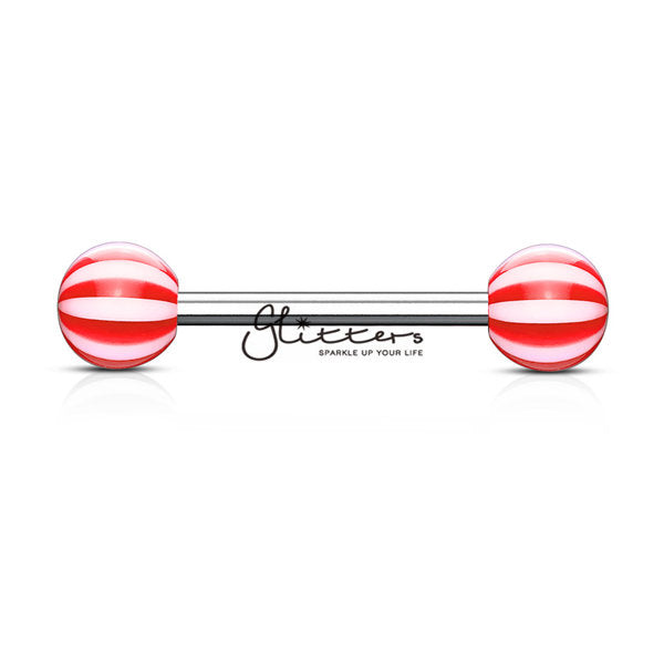Red Candy Stripe Acrylic Ball with Surgical Steel Tongue Bar-Body Piercing Jewellery, Tongue Bar-BC-1416-1R-1-Glitters