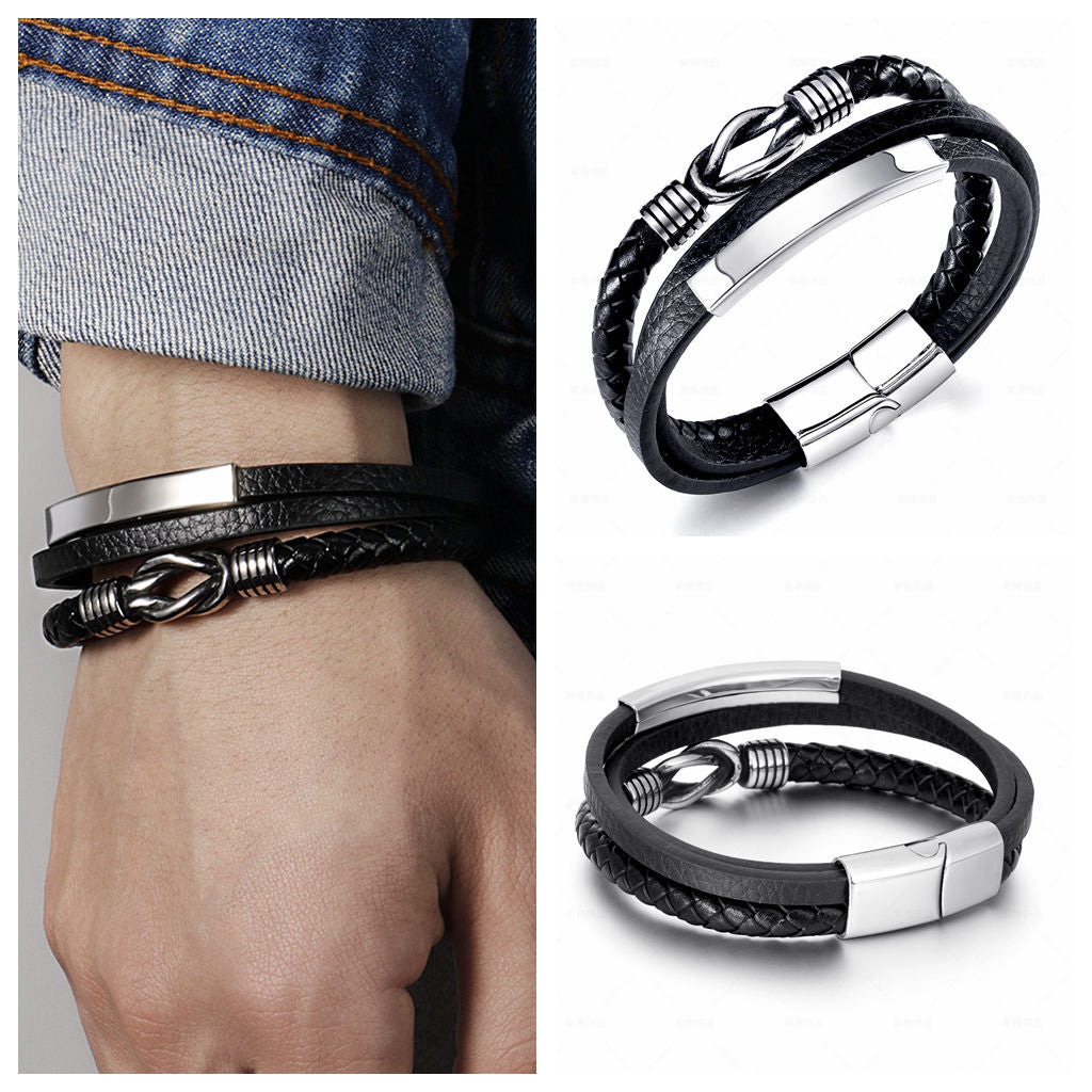 Multilayer Leather Knot Bracelet with ID Plate