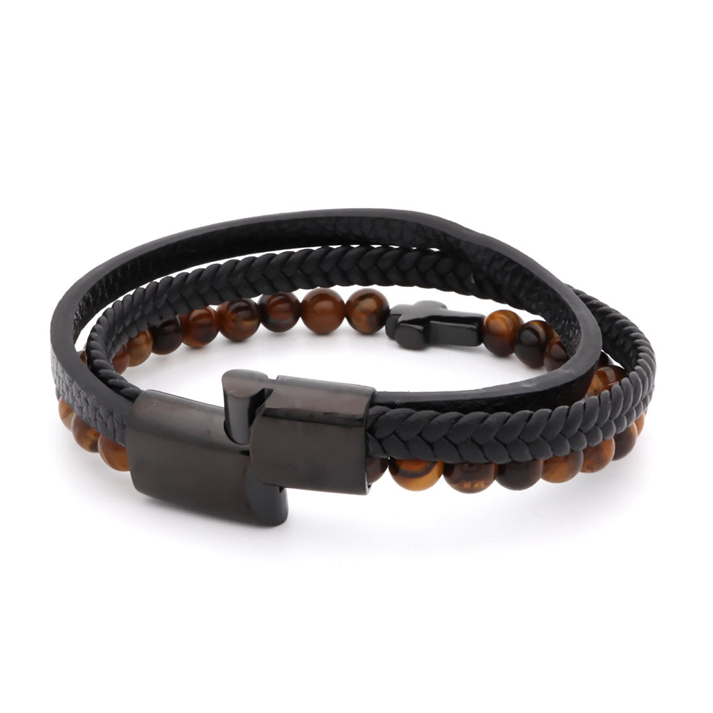 Tiger Eye Beads with Cross Multilayer Leather Bracelet-Bracelets, Jewellery, leather bracelet, Men's Bracelet, Men's Jewellery, Stainless Steel-BCL0209-2_1-Glitters