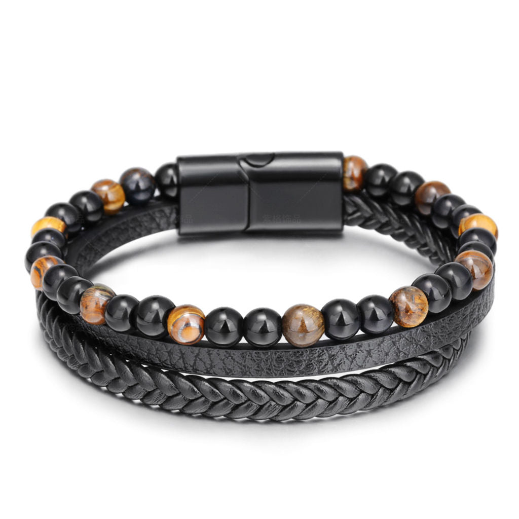 Tiger Eye Beads Multilayer Leather Bracelet-Bracelets, Jewellery, leather bracelet, Men's Bracelet, Men's Jewellery, Stainless Steel-BCL0210_3-Glitters