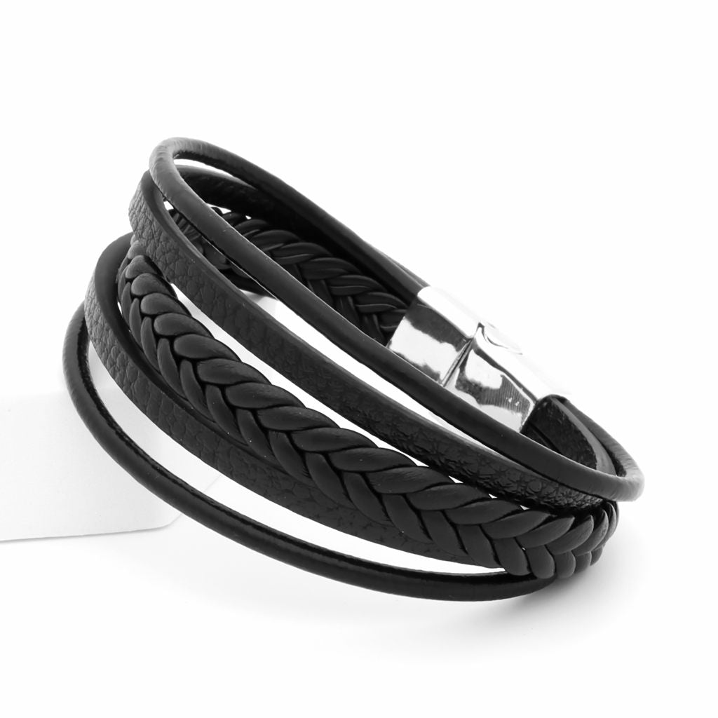 Multilayer Braided Black Leather Bracelet With Magnetic Clasp-Bracelets, Jewellery, leather bracelet, Men's Bracelet, Men's Jewellery-BCL0215-2_1-Glitters
