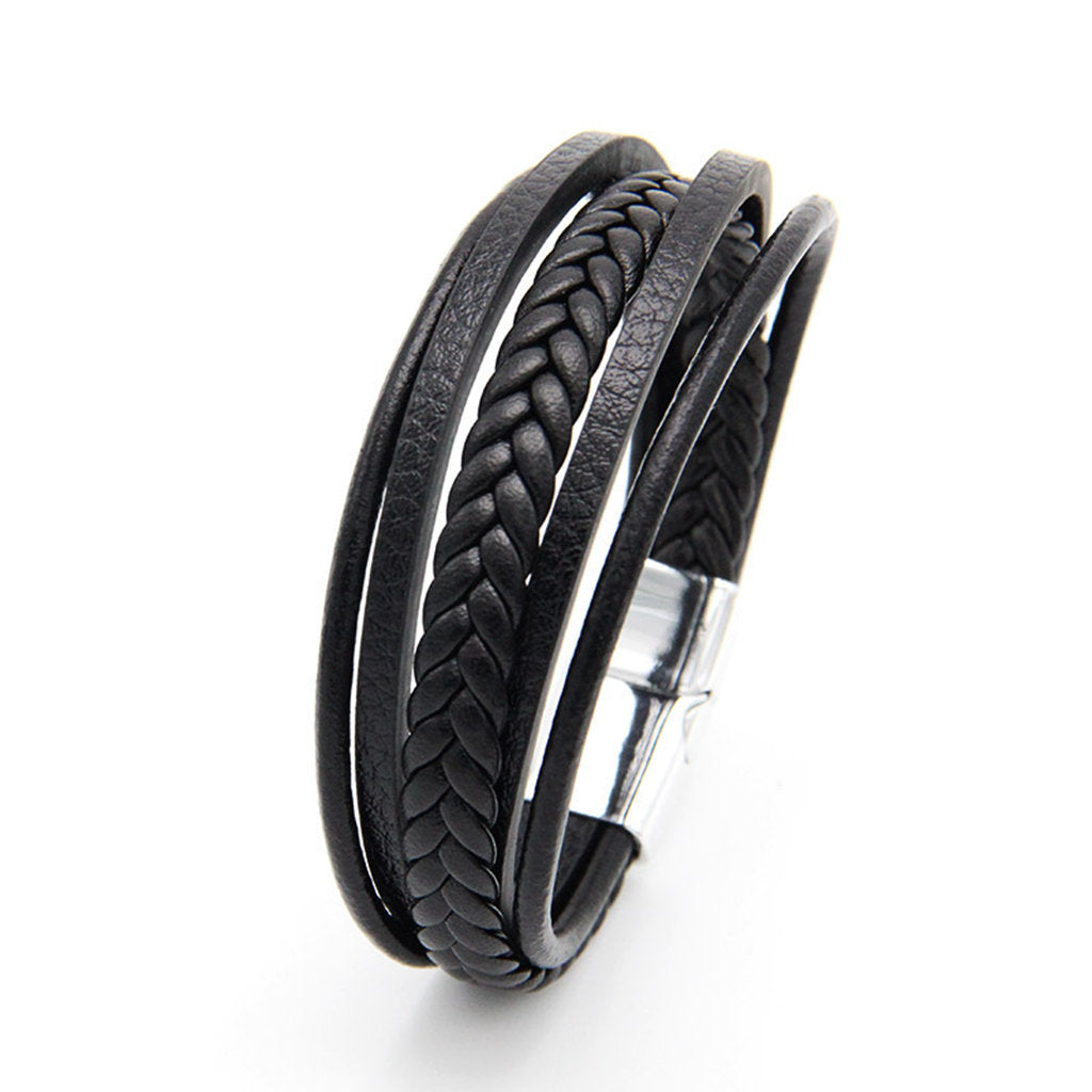 Multilayer Braided Black Leather Bracelet With Magnetic Clasp-Bracelets, Jewellery, leather bracelet, Men's Bracelet, Men's Jewellery-BCL0215-4-Glitters