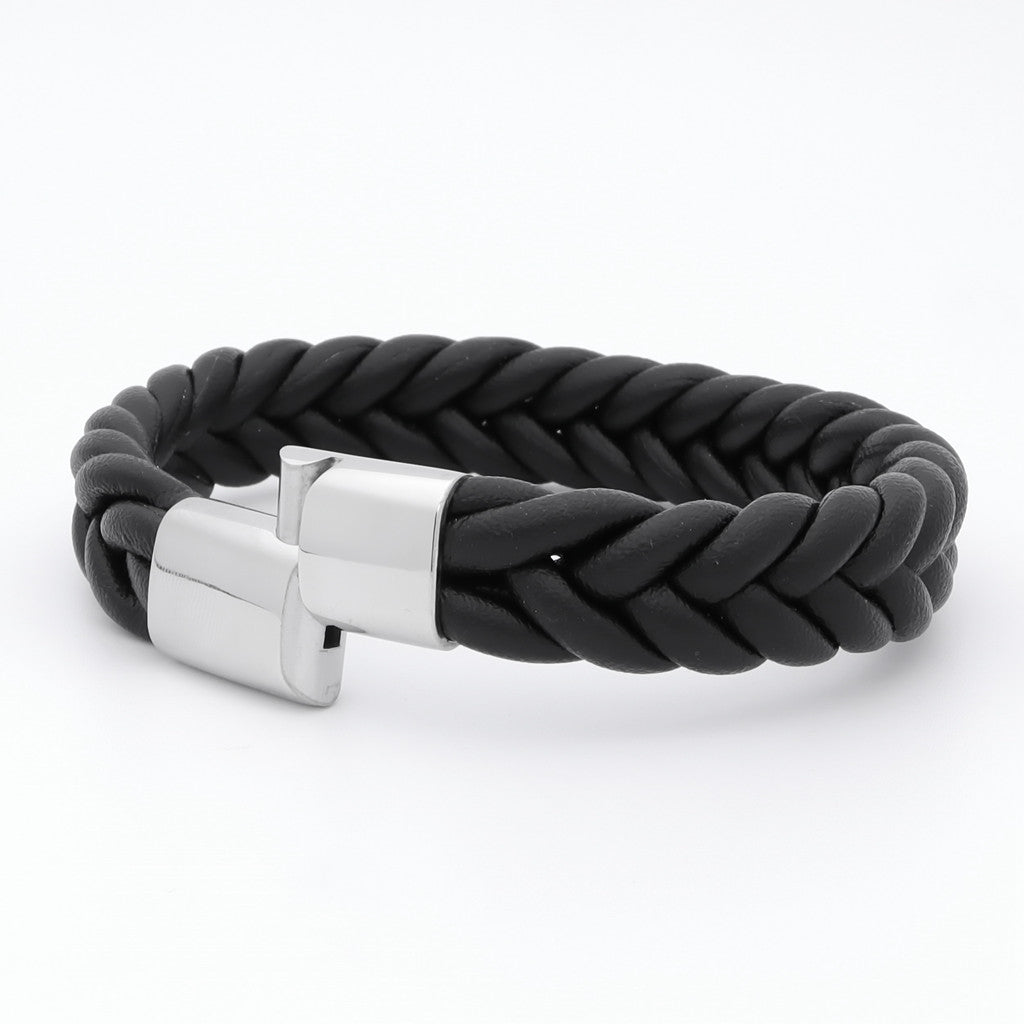 Black Braided One Line Leather Bracelet - 14mm width-Bracelets, Jewellery, leather bracelet, Men's Bracelet, Men's Jewellery, New, Stainless Steel-BCL0225-3_1-Glitters