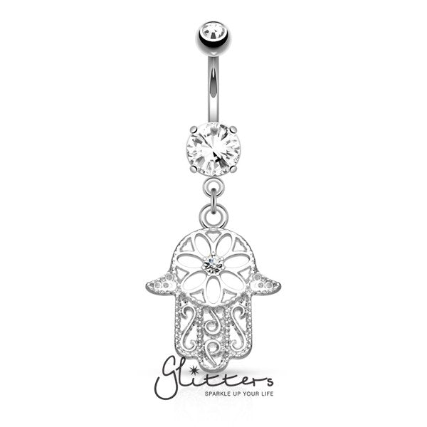 Beaded Outline Hamsa with Center C.Z Dangle Navel Ring-Silver-Belly Ring, Body Piercing Jewellery, Cubic Zirconia-BJ0265-1-Glitters