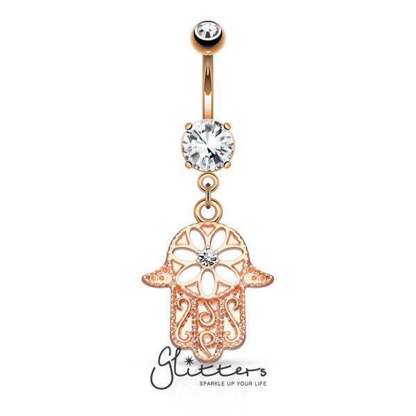 Beaded Outline Hamsa with Center C.Z Dangle Navel Ring- Rose Gold-Belly Ring, Body Piercing Jewellery, Cubic Zirconia-BJ0265-3-Glitters