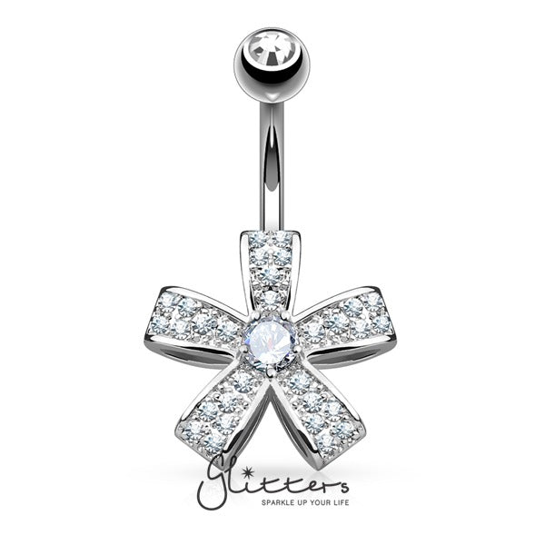 C.Z Petal Flower Surgical Steel Belly Button Navel Ring - Silver-Belly Ring, Body Piercing Jewellery, Cubic Zirconia-BJ02772-Glitters