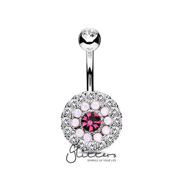 Multi Circle Triple Tiered Crystal and Pink Opalite Surgical Steel Navel Ring-Belly Ring, Body Piercing Jewellery-BJ0278-P5-Glitters