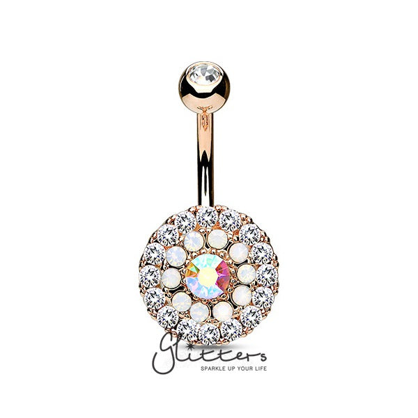 Multi Circle Triple Tiered Crystal and Opalite Surgical Steel Navel Ring-Rose Gold-Belly Ring, Body Piercing Jewellery-BJ0278-RG1-Glitters