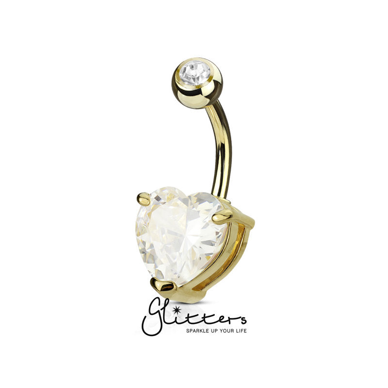Double Gemmed Solitaire Heart CZ Prong Set Belly Button Ring - Gold-Belly Ring, Body Piercing Jewellery, Cubic Zirconia-BJ02892-Glitters