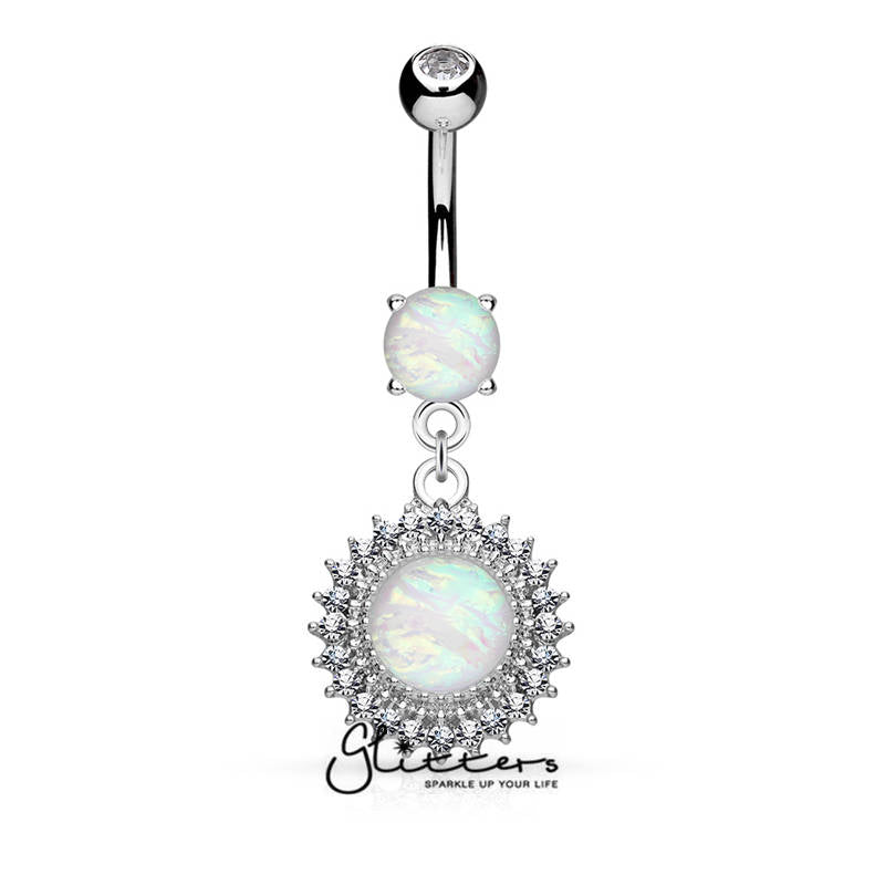 Opal Glitter Set Crystal Paved Round Shield Dangle Belly Button Navel Rings-Belly Ring, Body Piercing Jewellery, Crystal-BJ0291-Glitters