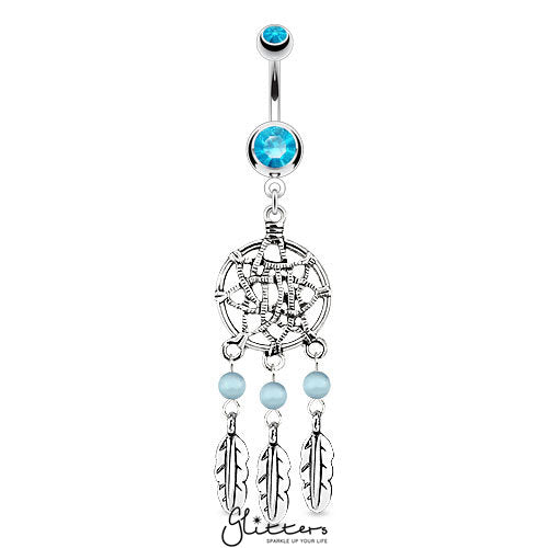 Dream Catcher Net with Bead Based Feathers Fancy Navel Ring -Aqua-Belly Ring, Body Piercing Jewellery, Crystal, Cubic Zirconia-BJ0293-1-Glitters