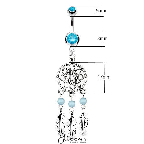 Dream Catcher Net with Bead Based Feathers Fancy Navel Ring -Aqua-Belly Ring, Body Piercing Jewellery, Crystal, Cubic Zirconia-BJ0293-1_New-Glitters