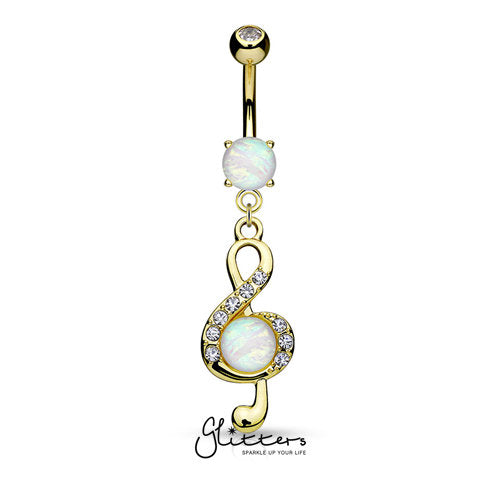 Opal Glitter Center Crystal Paved Treble Clef Dangle Belly Button Navel Ring - Gold-Belly Ring, Body Piercing Jewellery, Crystal-BJ0294-2-Glitters