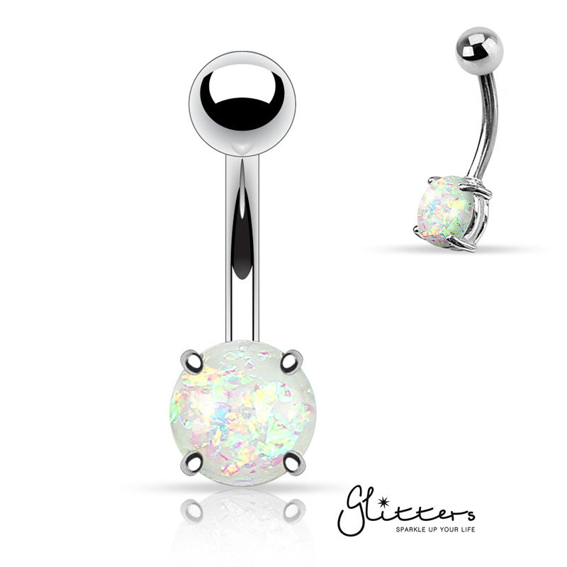 Opal Glitter Prong Set Belly Button Ring - White-Belly Ring, Body Piercing Jewellery-BJ0295-8-Glitters