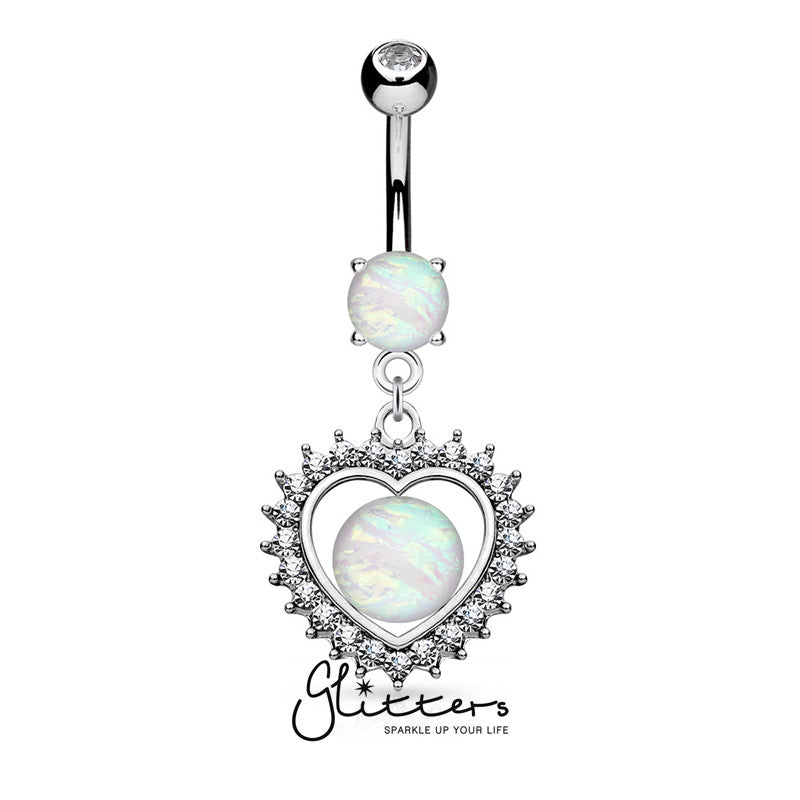 Opal Glitter Set Crystal Paved Heart Dangle Belly Button Navel Ring-Belly Ring, Body Piercing Jewellery, Crystal-BJ0297-1-Glitters