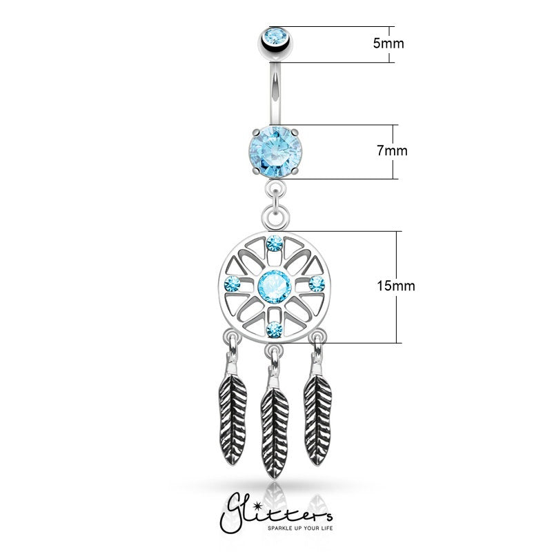 Three Feather Drops Dream Catcher Dangle Belly Button Rings - Aqua-Belly Ring, Body Piercing Jewellery, Crystal, Cubic Zirconia-BJ0300-1_New_f09edb29-40d4-4873-b224-5e907f6c49e1-Glitters