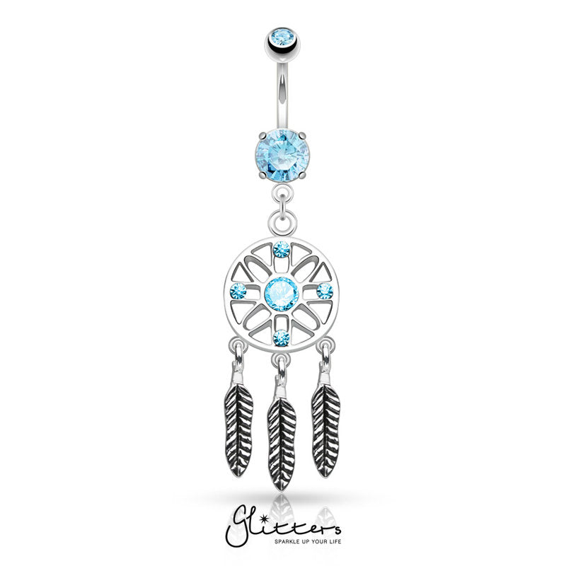Three Feather Drops Dream Catcher Dangle Belly Button Rings - Aqua-Belly Ring, Body Piercing Jewellery, Crystal, Cubic Zirconia-BJ0300-1_a7a4e245-593b-486d-a927-5ced3dd3d119-Glitters