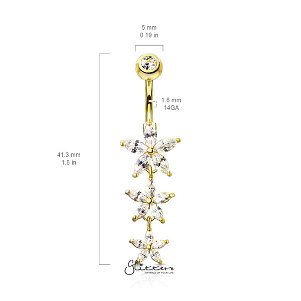 316L Surgical Steel Gemmed Top Belly Button Navel Ring with Dangle Triple Marquise CZ Flowers-Belly Ring, Body Piercing Jewellery-BJ0306-03-Glitters
