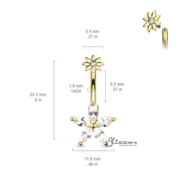 316L Surgical Steel 5 Marquise CZ Petals Flower Belly Button Navel Rings with Internally Threaded CZ Center Small Flower Top-Belly Ring, Body Piercing Jewellery-BJ0307-03-Glitters