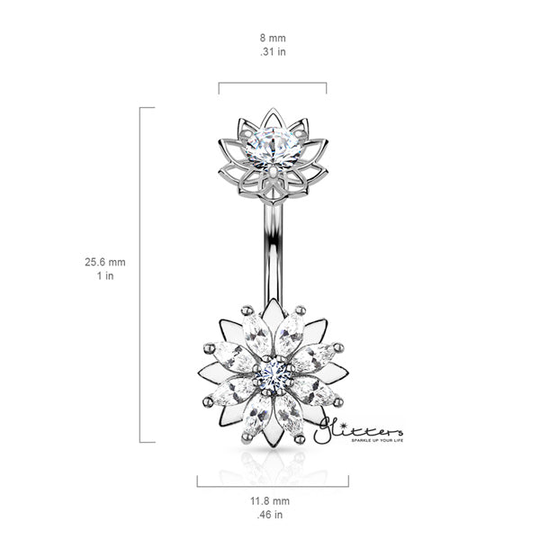 316L Surgical Steel Marquise CZ Flower Belly Button Navel Rings with Internally Threaded CZ Center Flower Top-Belly Ring, Body Piercing Jewellery-BJ0308-03-Glitters