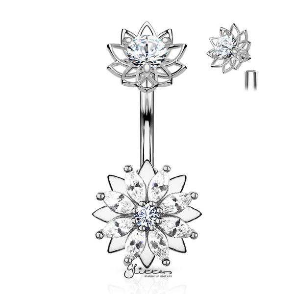 316L Surgical Steel Marquise CZ Flower Belly Button Navel Rings with Internally Threaded CZ Center Flower Top-Belly Ring, Body Piercing Jewellery-BJ0308-C-Glitters