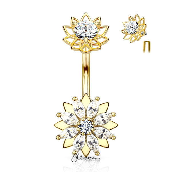316L Surgical Steel Marquise CZ Flower Belly Button Navel Rings with Internally Threaded CZ Center Flower Top-Belly Ring, Body Piercing Jewellery-BJ0308-G-Glitters
