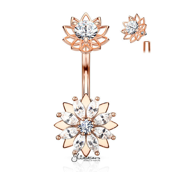 316L Surgical Steel Marquise CZ Flower Belly Button Navel Rings with Internally Threaded CZ Center Flower Top-Belly Ring, Body Piercing Jewellery-BJ0308-RG-Glitters