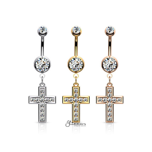 316L Surgical Steel Jeweled CZ Set Cross Dangle Belly Button Navel Rings-Belly Ring, Body Piercing Jewellery, Cubic Zirconia-BJ0313-01-Glitters