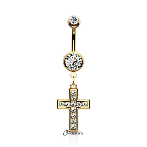 316L Surgical Steel Jeweled CZ Set Cross Dangle Belly Button Navel Rings-Belly Ring, Body Piercing Jewellery, Cubic Zirconia-BJ0313-G-Glitters