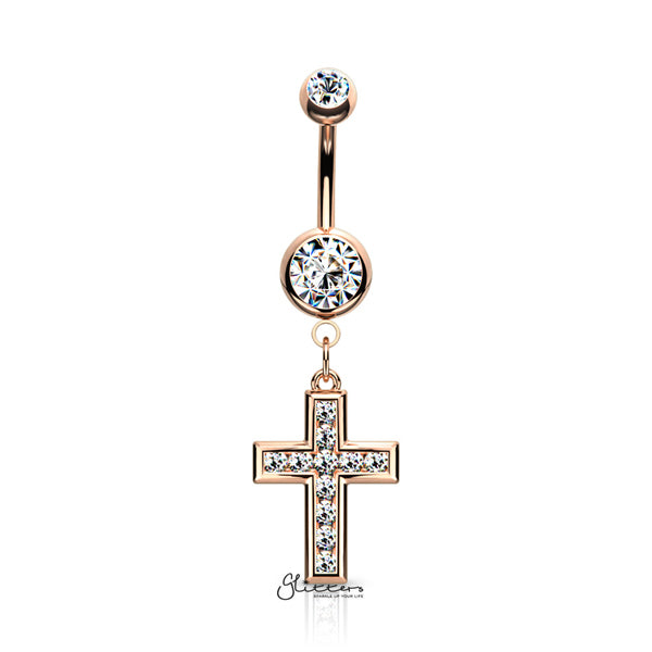 316L Surgical Steel Jeweled CZ Set Cross Dangle Belly Button Navel Rings-Belly Ring, Body Piercing Jewellery, Cubic Zirconia-BJ0313-RG-Glitters