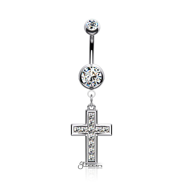 316L Surgical Steel Jeweled CZ Set Cross Dangle Belly Button Navel Rings-Belly Ring, Body Piercing Jewellery, Cubic Zirconia-BJ0313-S-Glitters