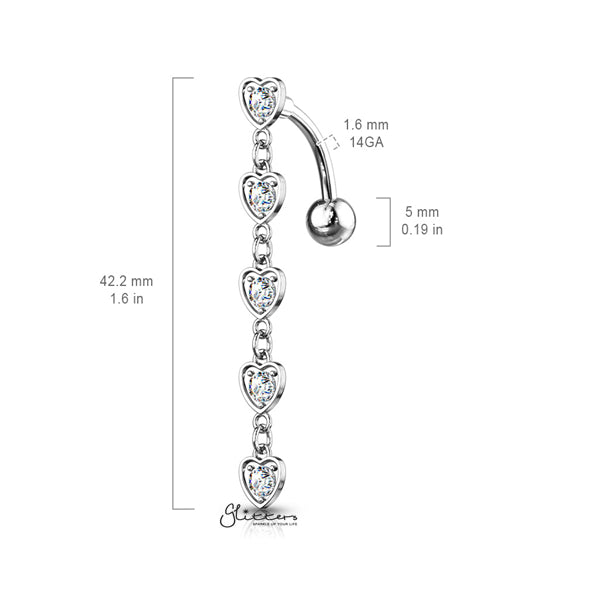 Five Crystal Set Center Hearts Vertical Drop Belly Button Navel Rings-Belly Ring, Body Piercing Jewellery, Crystal-BJ0316-S-Glitters