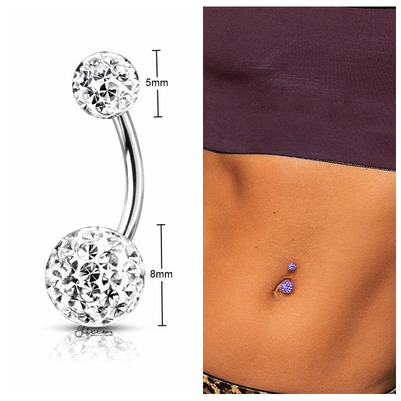 Internally Threaded Belly Button Ring with Epoxy Covered Crystal Paved Balls - Clear-Belly Ring, Body Piercing Jewellery, Cubic Zirconia-BJ0320-C_2_New-Glitters