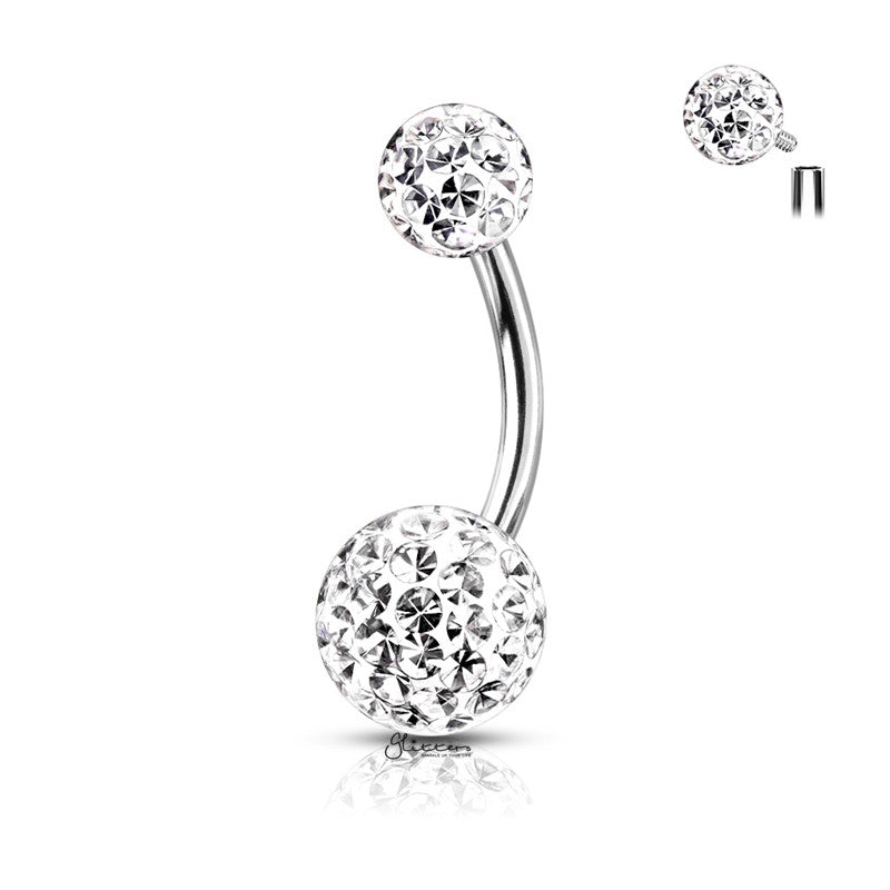 Internally Threaded Belly Button Ring with Epoxy Covered Crystal Paved Balls - Clear-Belly Ring, Body Piercing Jewellery, Cubic Zirconia-BJ0320-C_800-Glitters