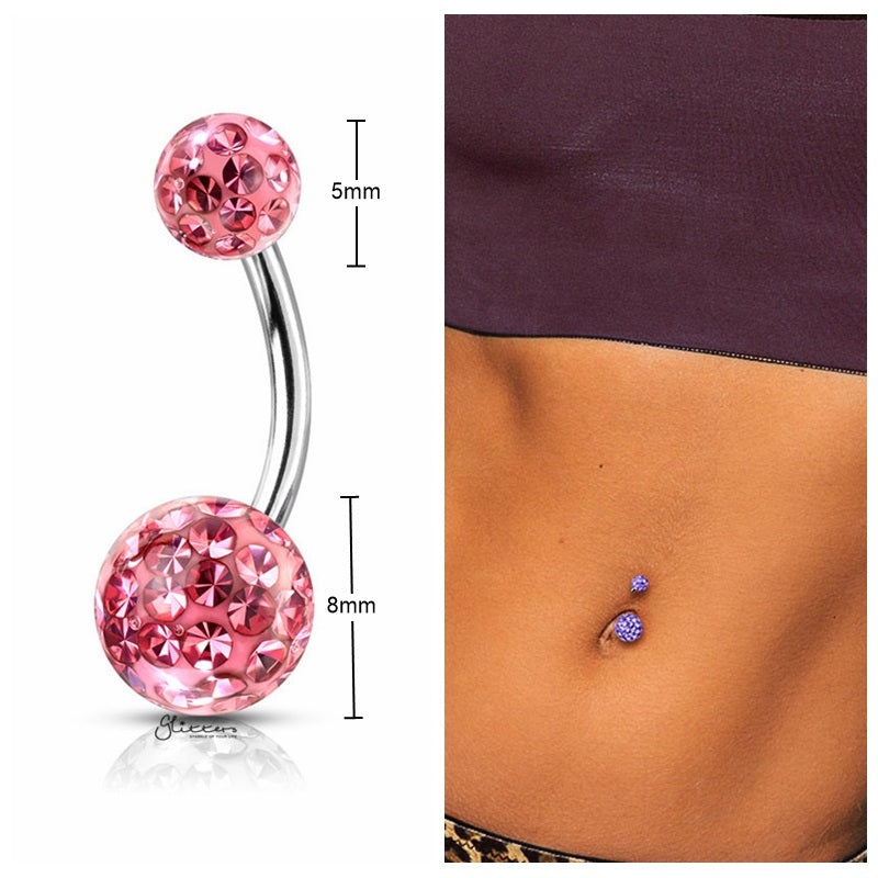 Internally Threaded Belly Button Ring with Epoxy Covered Crystal Paved Balls - Pink-Belly Ring, Body Piercing Jewellery, Cubic Zirconia-BJ0320-P_2_New-Glitters