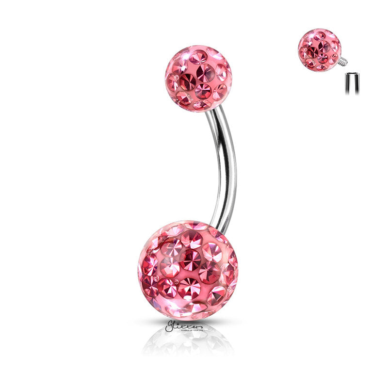Internally Threaded Belly Button Ring with Epoxy Covered Crystal Paved Balls - Pink-Belly Ring, Body Piercing Jewellery, Cubic Zirconia-BJ0320-P_800-Glitters