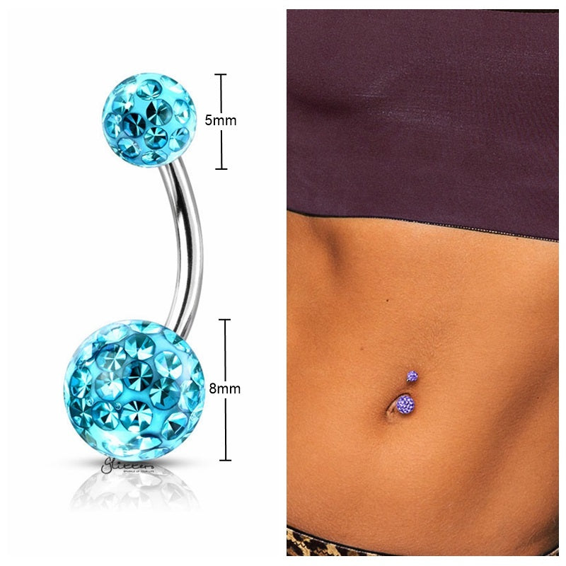 Internally Threaded Belly Button Ring with Epoxy Covered Crystal Paved Balls - Aqua-Belly Ring, Body Piercing Jewellery, Cubic Zirconia-BJ0320-Q_2_New-Glitters