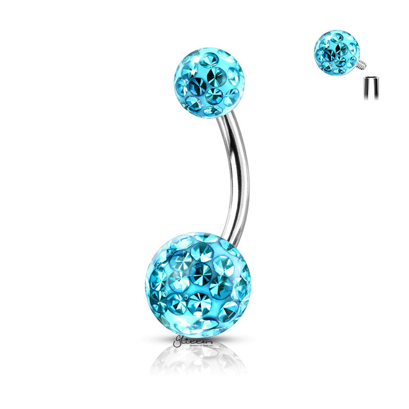 Internally Threaded Belly Button Ring with Epoxy Covered Crystal Paved Balls - Aqua-Belly Ring, Body Piercing Jewellery, Cubic Zirconia-BJ0320-Q_800-Glitters