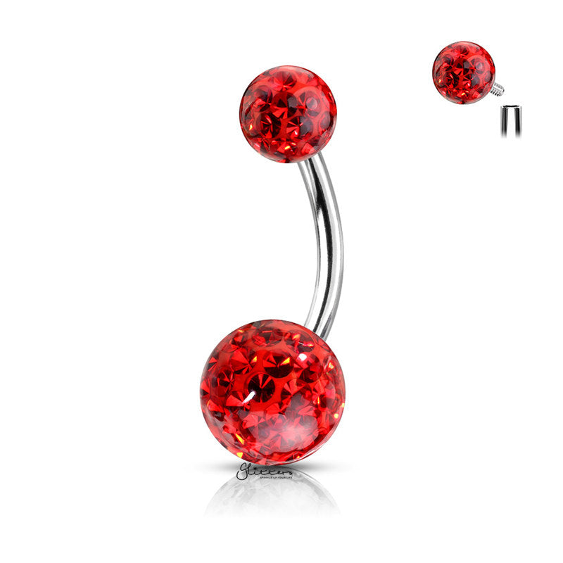 Internally Threaded Belly Button Ring with Epoxy Covered Crystal Paved Balls - Red-Belly Ring, Body Piercing Jewellery, Cubic Zirconia-BJ0320-R_800-Glitters