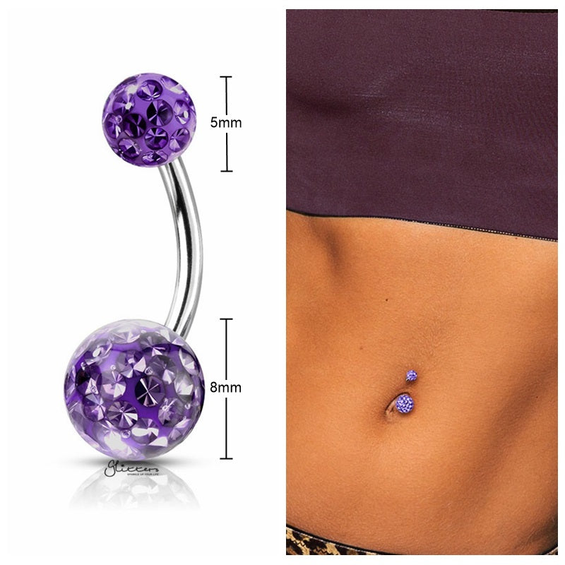 Internally Threaded Belly Button Ring with Epoxy Covered Crystal Paved Balls - Tanzanite-Belly Ring, Body Piercing Jewellery, Cubic Zirconia-BJ0320-TZ_2_New-Glitters