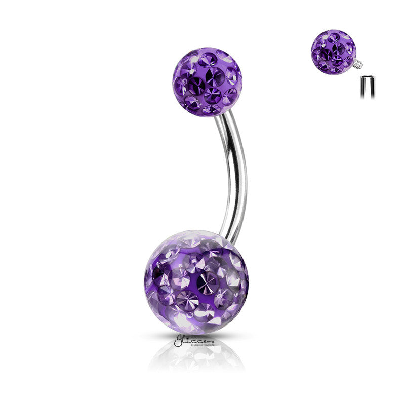 Internally Threaded Belly Button Ring with Epoxy Covered Crystal Paved Balls - Tanzanite-Belly Ring, Body Piercing Jewellery, Cubic Zirconia-BJ0320-TZ_800-Glitters