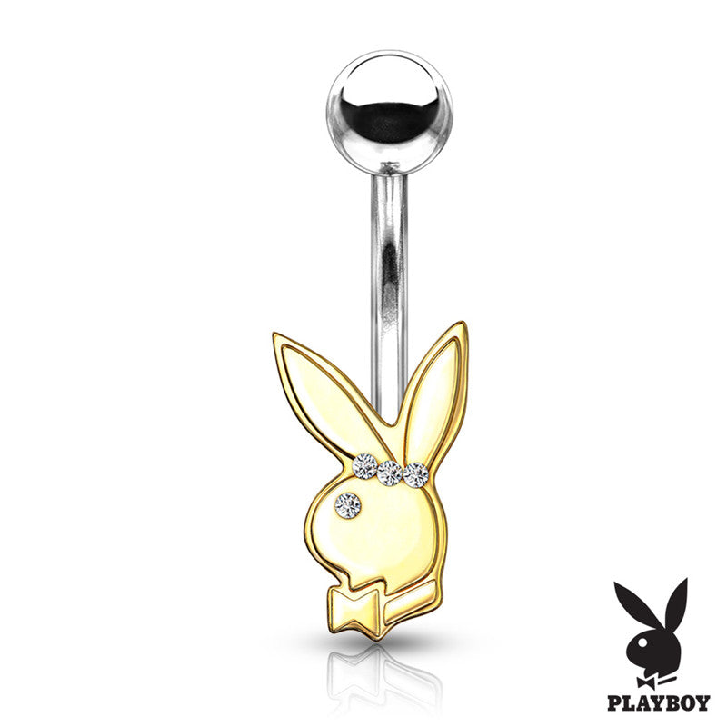 Playboy Bunny with Clear Gem Eye Belly Button Navel Ring - Gold-Belly Ring, Body Piercing Jewellery, Crystal-BJ0336-G-Glitters