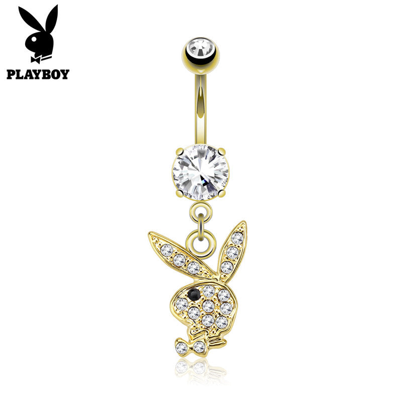 Clear Crystal Paved Playboy Bunny Dangle Belly Button Navel Ring - Gold-Belly Ring, Body Piercing Jewellery, Crystal, Cubic Zirconia-BJ0337-G-Glitters