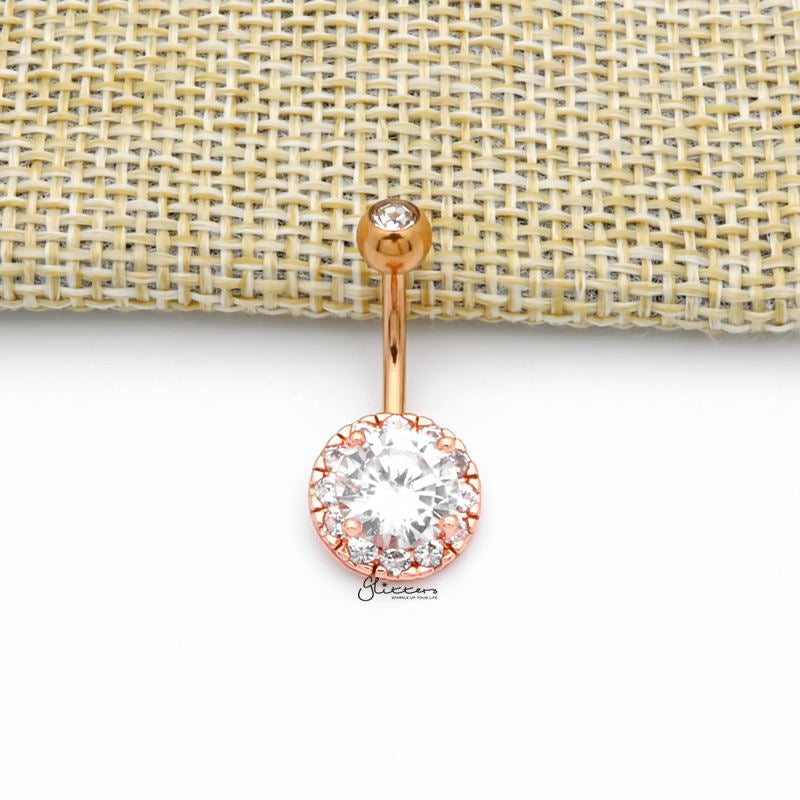 Round Prong Set CZ Center Double Gem Belly Button Navel Ring - Rose Gold-Belly Ring, Body Piercing Jewellery, Cubic Zirconia-BJ0349-RG1_1-Glitters