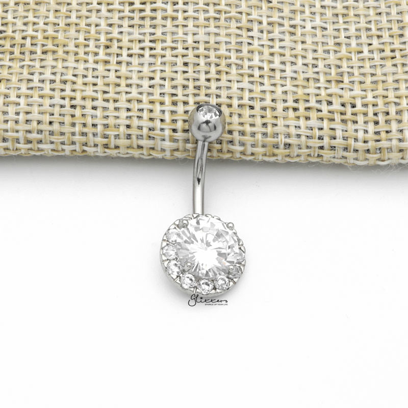 Round Prong Set CZ Center Double Gem Belly Button Navel Ring - Silver-Belly Ring, Body Piercing Jewellery, Cubic Zirconia-BJ0349-S1_1-Glitters