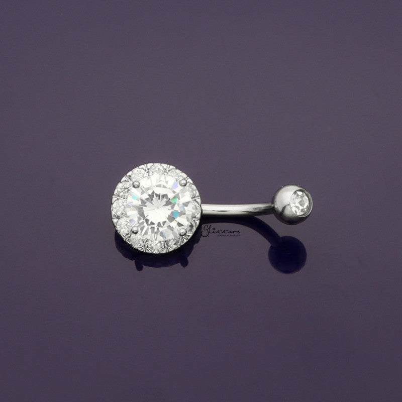 Round Prong Set CZ Center Double Gem Belly Button Navel Ring - Silver-Belly Ring, Body Piercing Jewellery, Cubic Zirconia-BJ0349-S2_1-Glitters