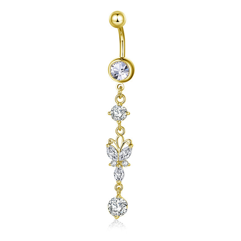 Butterfly Dangle Belly Button Navel Ring - Gold-Belly Ring, Body Piercing Jewellery, Cubic Zirconia-BJ0358-G-Glitters