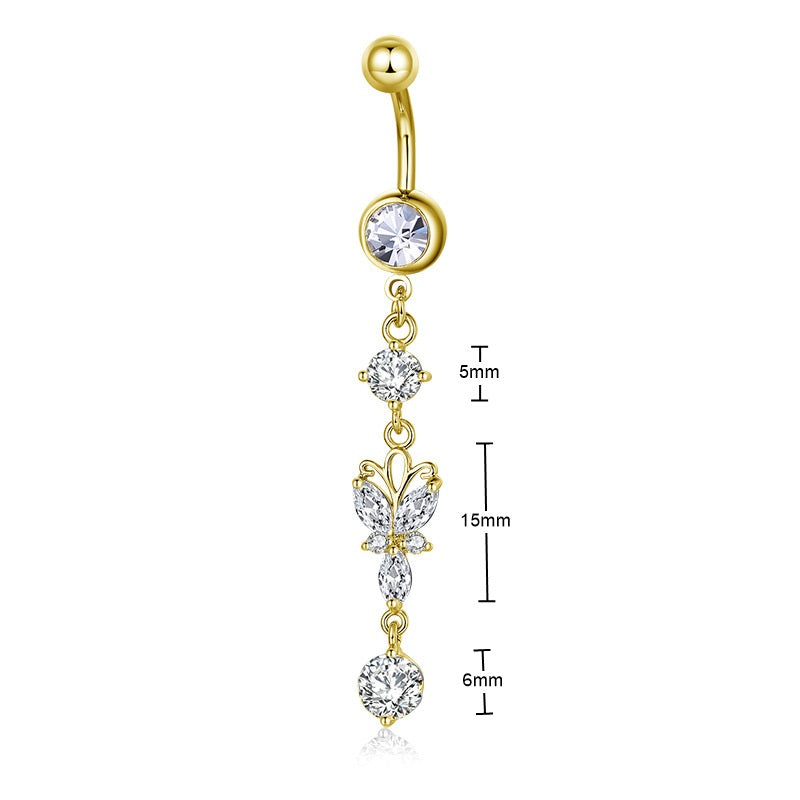 Butterfly Dangle Belly Button Navel Ring - Gold-Belly Ring, Body Piercing Jewellery, Cubic Zirconia-BJ0358-G_New-Glitters