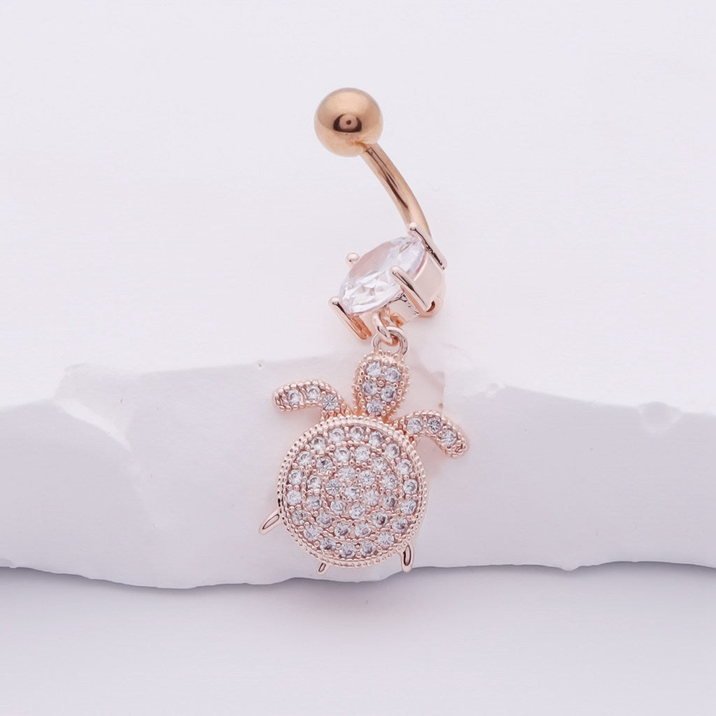 Sea Turtle Dangle Belly Button Navel Ring - Rose Gold-Belly Ring, Body Piercing Jewellery, Cubic Zirconia, New-BJ0361-rg1_1-Glitters